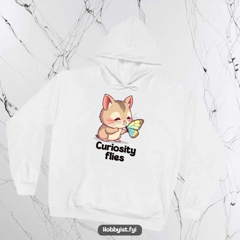 Funny Hoodie: A curious creature with twitching whiskers intently examines a delicate butterfly wing, offering peaceful contemplation.