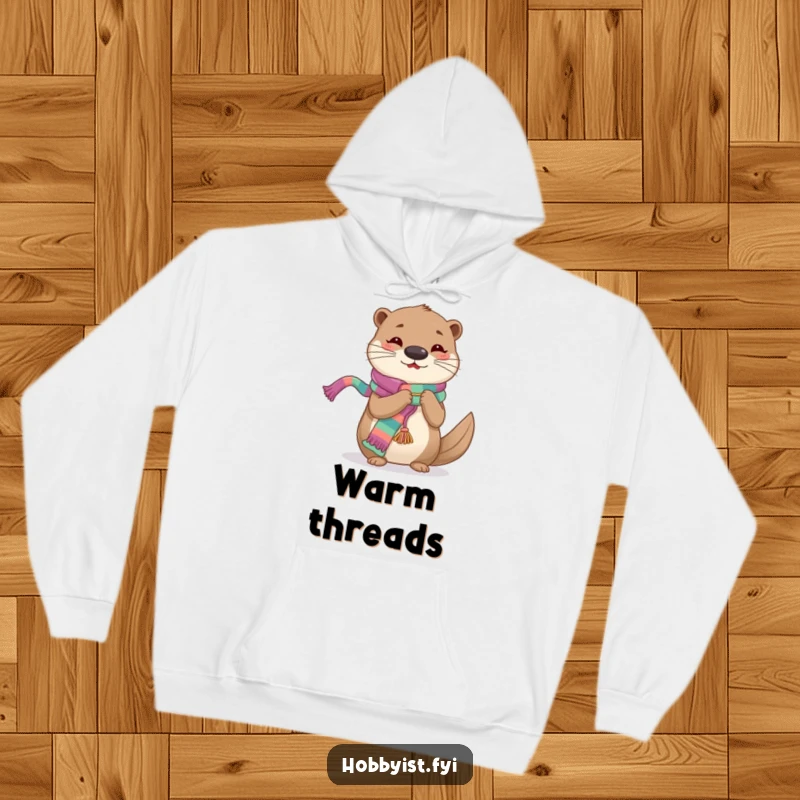 Funny Knitting Otter Hoodie, a cheerful otter focused on knitting a long, colorful scarf, providing warmth and style.