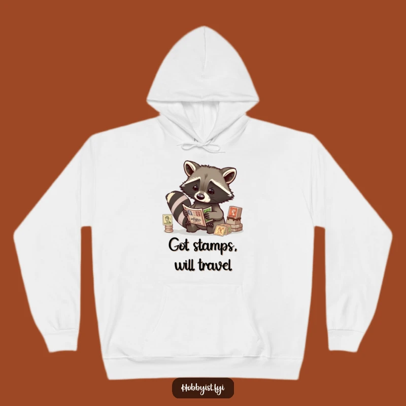 Cozy Funny Raccoon Stamp Hoodie - Warm Philatelist Sweatshirt for Collectors