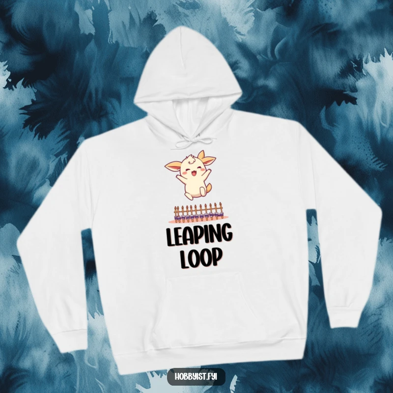 Funny Leaping Creature Hoodie: a creature with flapping ears energetically jumping over small knitting needles, a comfortable funny gift.