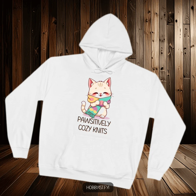 Funny cat hoodie depicting a giggling feline diligently knitting a wonderfully oversized, vibrant scarf, a cozy laugh.