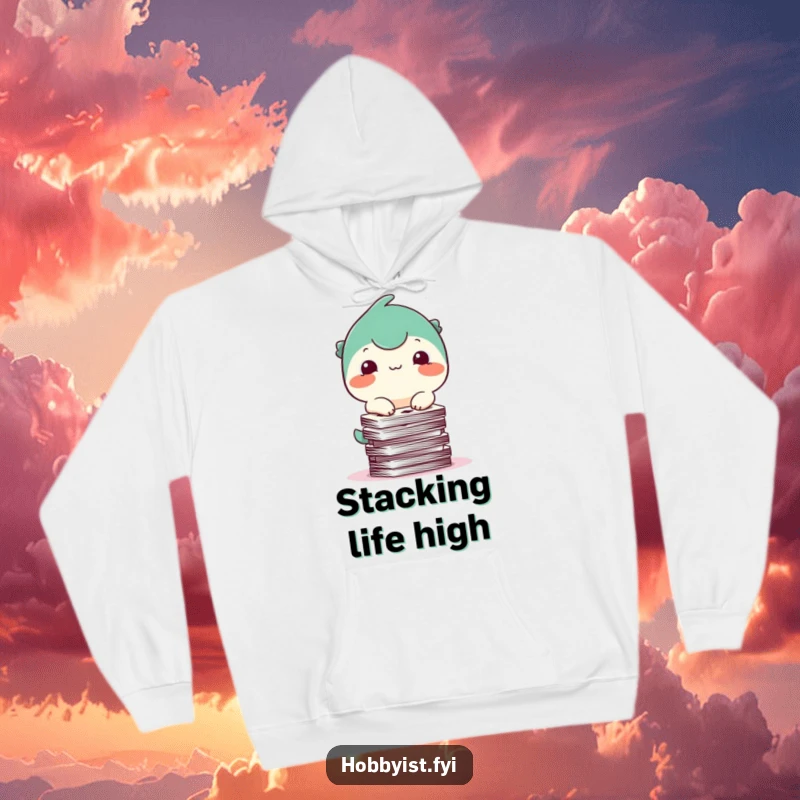 Funny Hoodie: A happy creature with a small smile tries balancing a precarious stack of playing cards, exuding playful struggle.