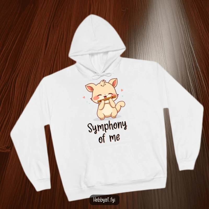 Funny Hoodie: A playful creature with a wagging tail enthusiastically plays a miniature flute, radiating warmth and music.