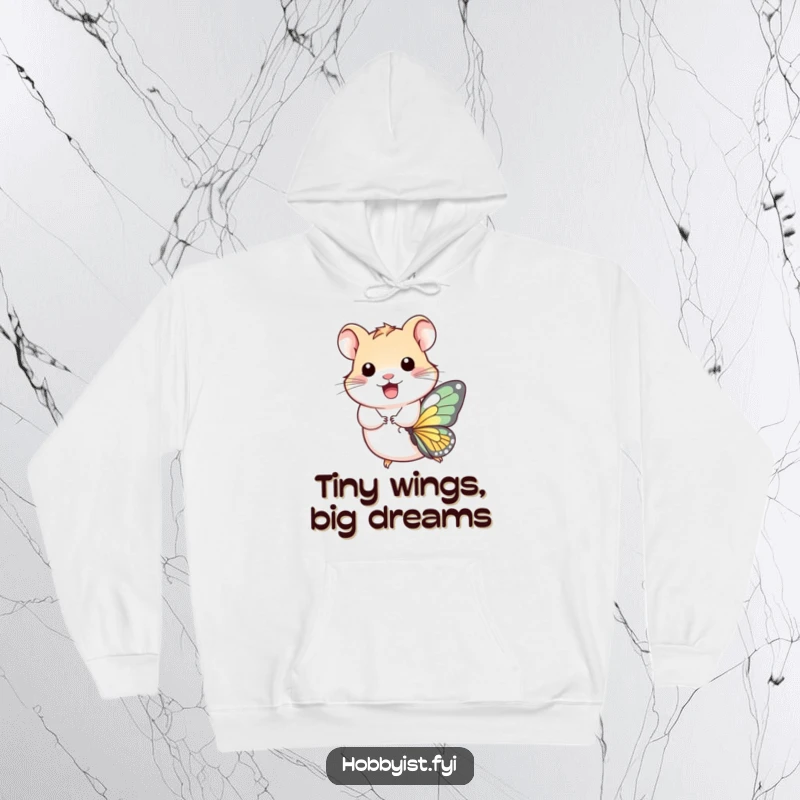 Funny Hoodie: A cheerful hamster gracefully rides a colorful butterfly, embodying a spirit of adventure and lighthearted fun.