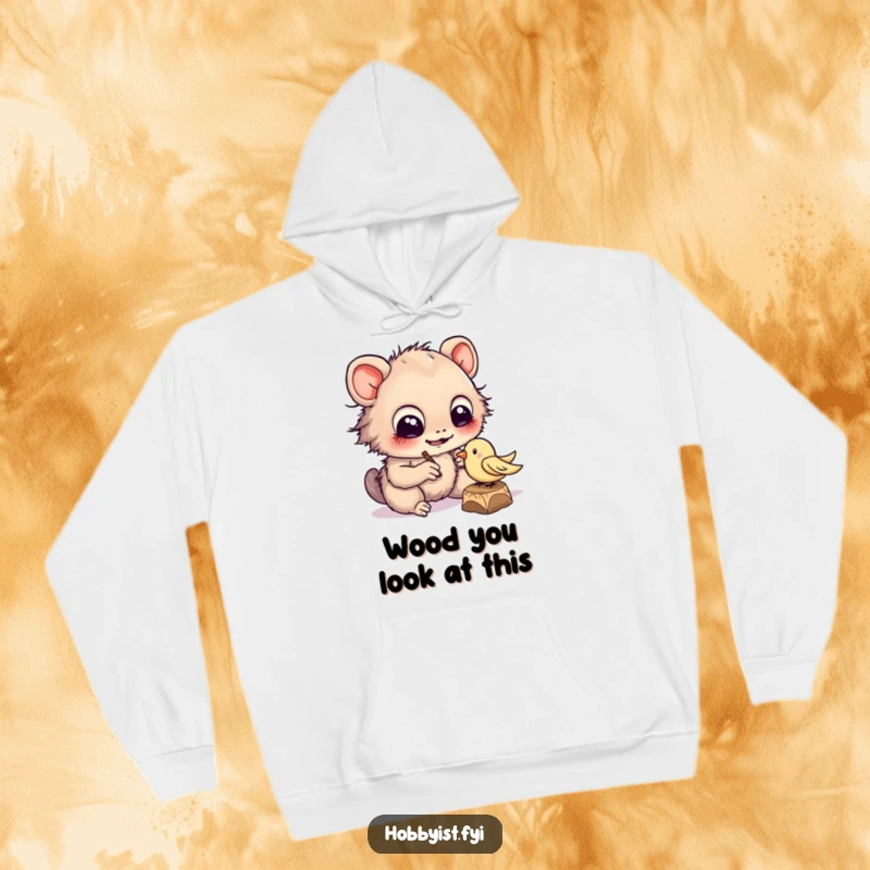 Funny cheerful creature with large eyes diligently carving a tiny wooden bird, featured on a warm and cozy hoodie.
