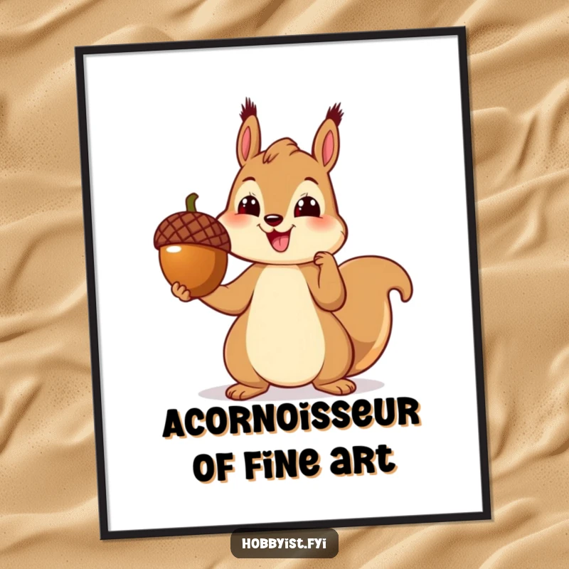 Funny Free Printable Wall Art: Cheerful squirrel proudly presenting a perfectly crafted acorn sculpture, showcasing artistic talent and delight.