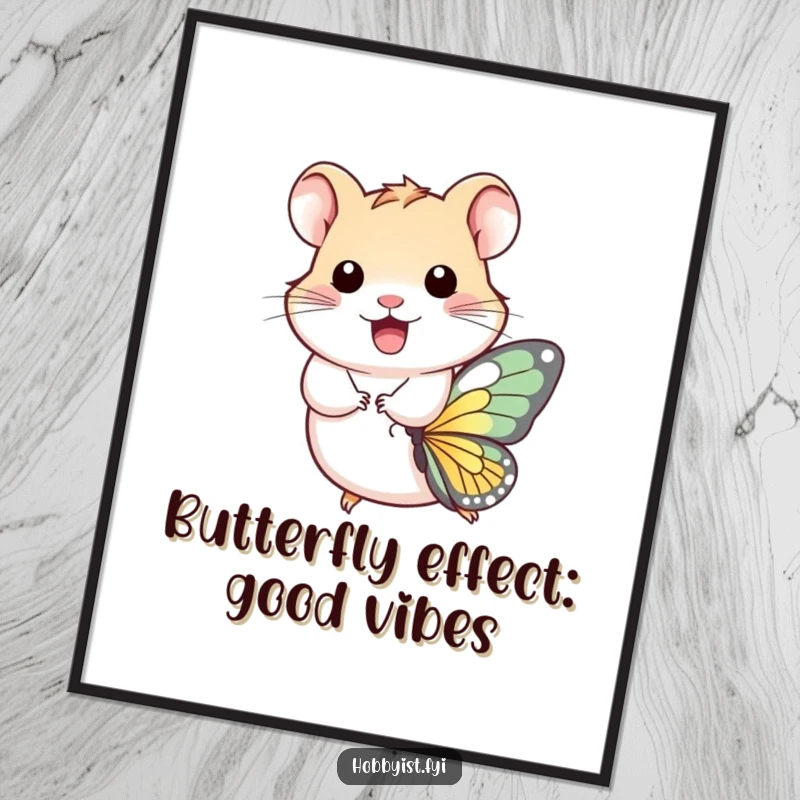Funny Free Printable Wall Art: A playful hamster gleefully riding a tiny butterfly, bringing whimsical charm.