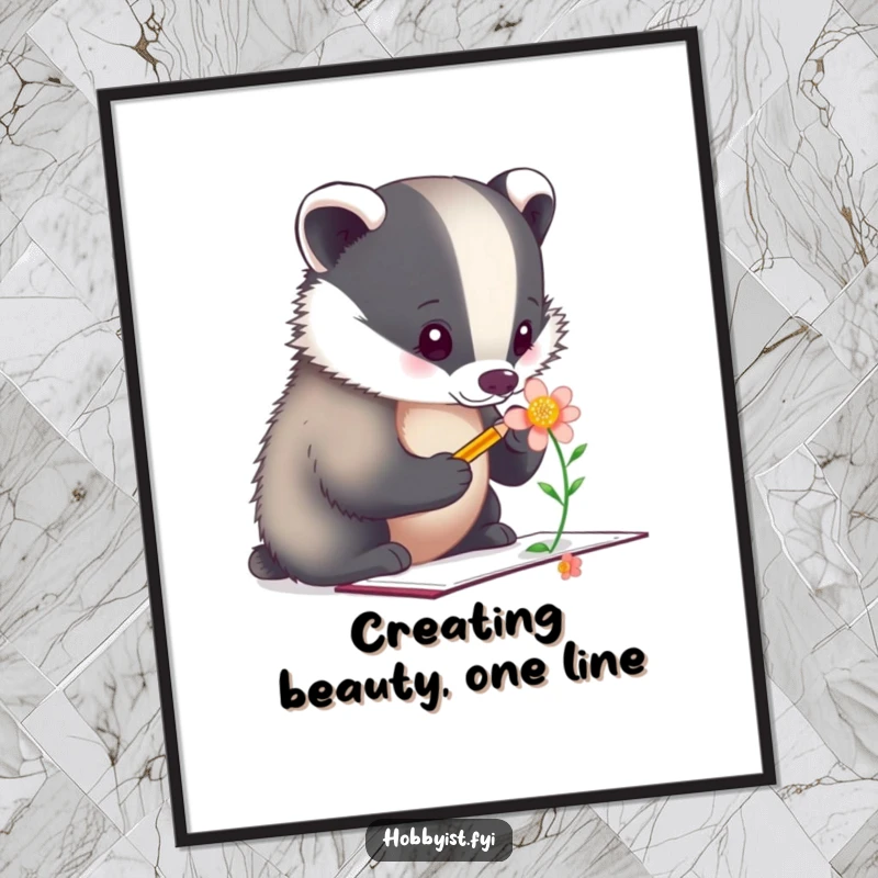 Funny Free Printable Wall Art: A determined badger artist focused on sketching a beautiful flower with a tiny pencil.