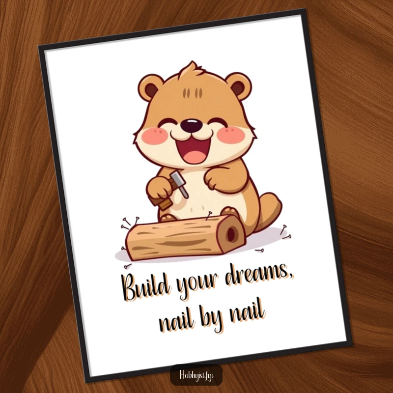 Funny Free Printable Kawaii Beaver Wall Art, a delighted beaver hammering tiny nails into a miniature wooden construction, ideal for downloadable decor.