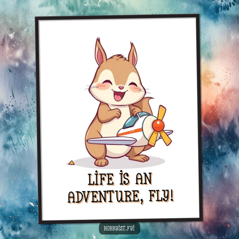 Funny Free Printable Wall Art: Adorable kawaii squirrel character happily assembling a detailed miniature model airplane, dreaming of flight.