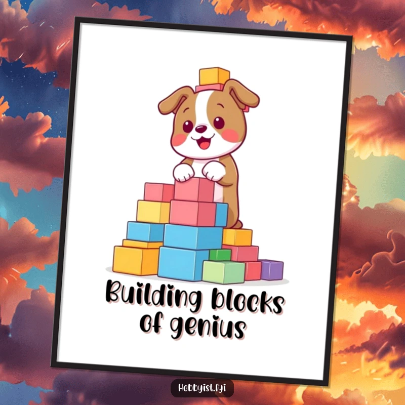Funny Free Printable Wall Art: A happy dog joyfully builds a very tall tower using colorful toy blocks, full of playful spirit.