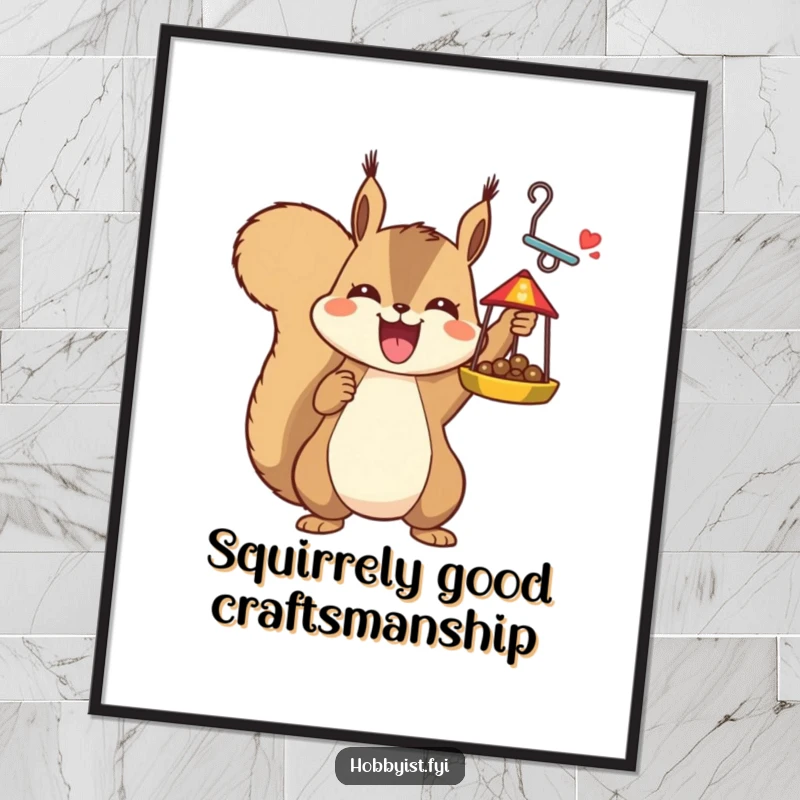 Funny free printable wall art depicting a joyful squirrel character triumphantly holding a finished, intricate bird feeder it has proudly built.