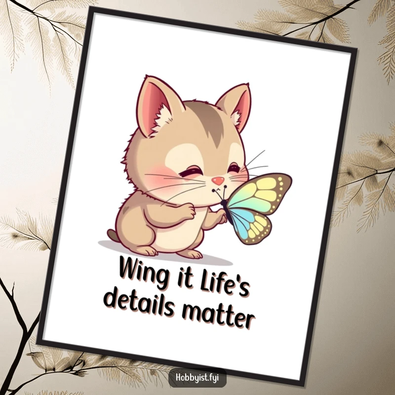 Funny Free Printable Wall Art: A curious creature with twitching whiskers intently examines the delicate, detailed patterns on a butterfly wing.