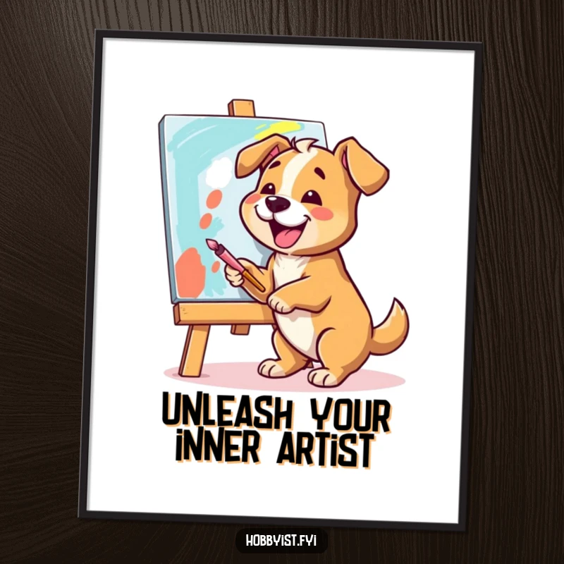 Funny Free Printable Wall Art: A cheerful dog is joyfully painting a vibrant canvas with impressive broad strokes.