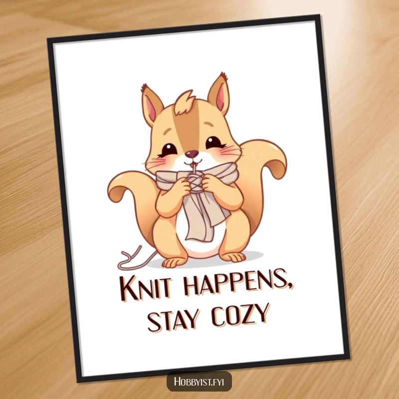 Funny Free Printable Wall Art: A cheerful squirrel skillfully knitting a small scarf, adding a cozy touch to the room.