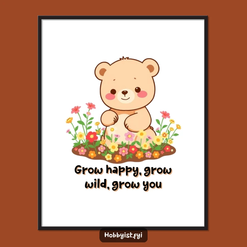 Free Printable Kawaii Bear Wall Art: Happy Garden Scene, Funny Downloadable Decor