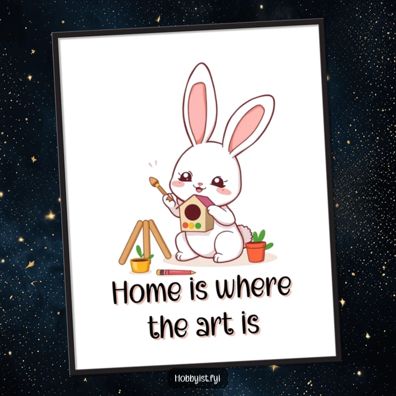 Funny Free Printable Wall Art: Charming kawaii bunny character focused on painting a miniature, brightly colored birdhouse.