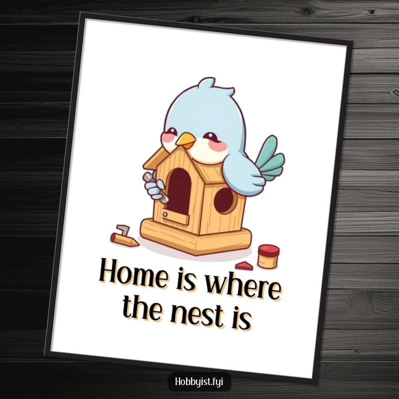 Funny Free Printable Wall Art: A playful bird is enthusiastically building a miniature birdhouse with tiny tools and great focus.