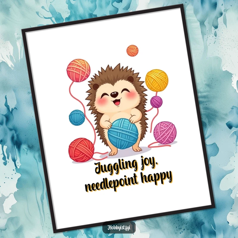 Funny Free Printable Wall Art: A cute, giggling hedgehog expertly juggling bright, colorful balls of yarn.