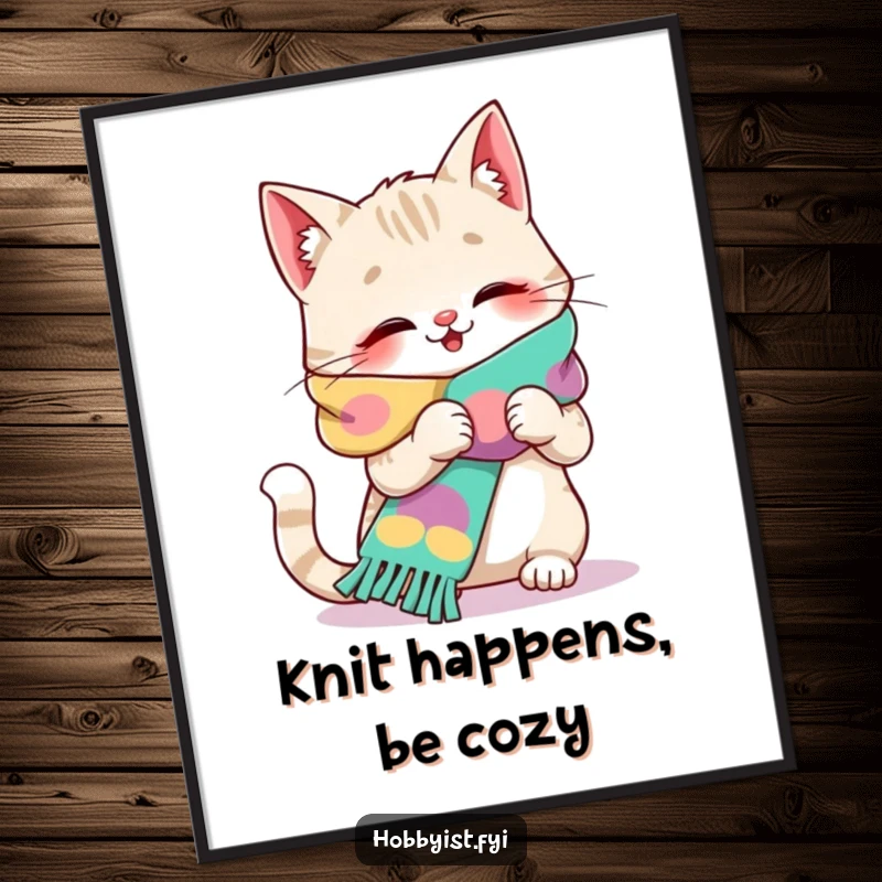 Funny Free Printable Wall Art: Giggling cat knitting a gigantic colorful scarf, bringing warmth and humor to any room.