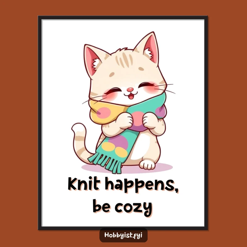 Free Printable Giggling Cat Knitting Art - Humorous Downloadable Wall Decor for Cozy Spaces