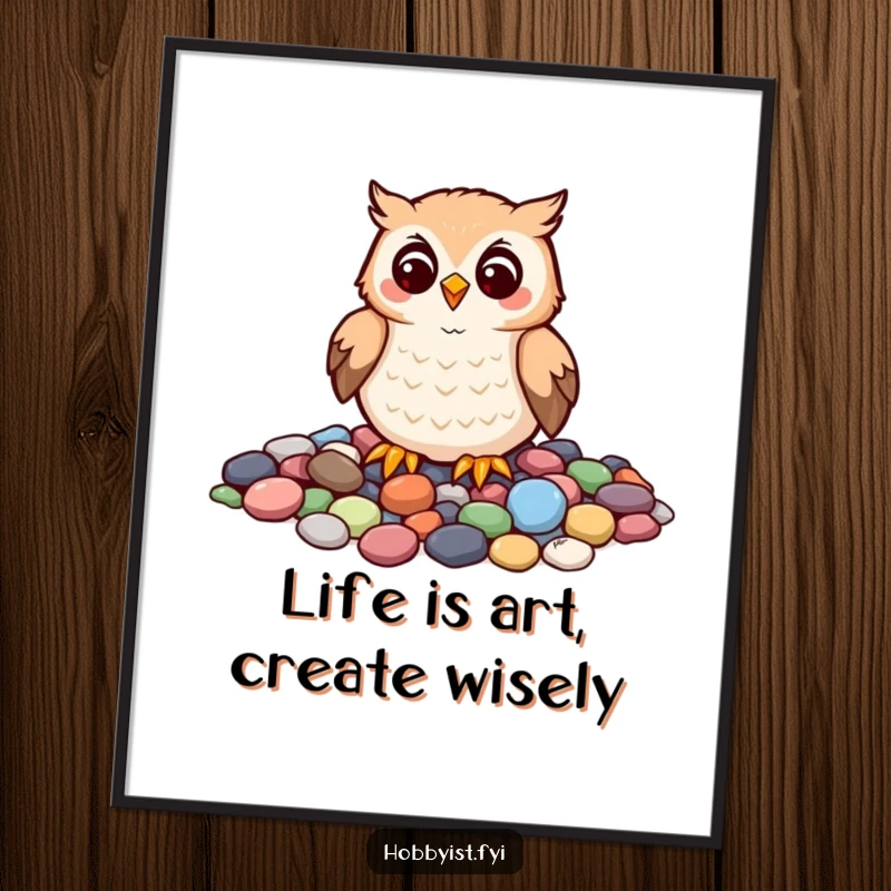 Funny Free Printable Wall Art: A cheerful owl carefully arranges colorful pebbles into a beautiful mosaic, creating serene decor.