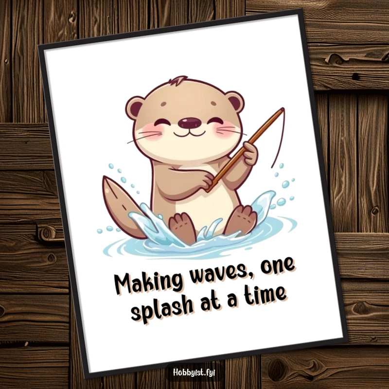 Funny free printable kawaii otter wall art of an otter splashing playfully with a tiny fishing rod, perfect for a whimsical touch.