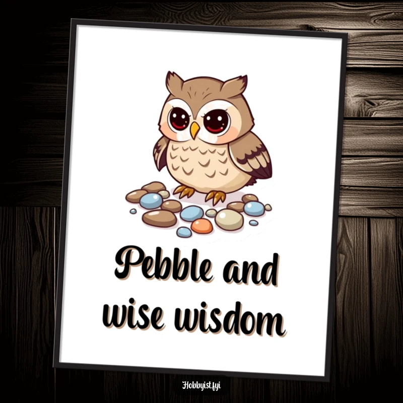 Funny Free Printable Wall Art: Curious owl meticulously arranging shiny pebbles, creating a whimsical and humorous focal point.
