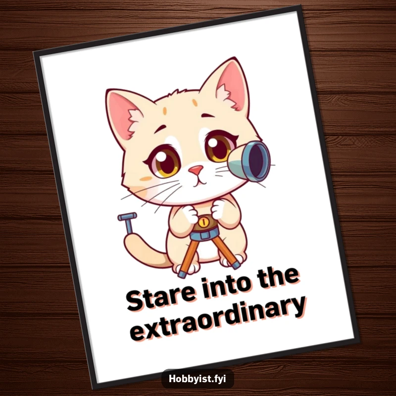 Funny Free Printable Wall Art: A curious cat with huge, amazed eyes peers intently into a telescope, exploring the night sky.