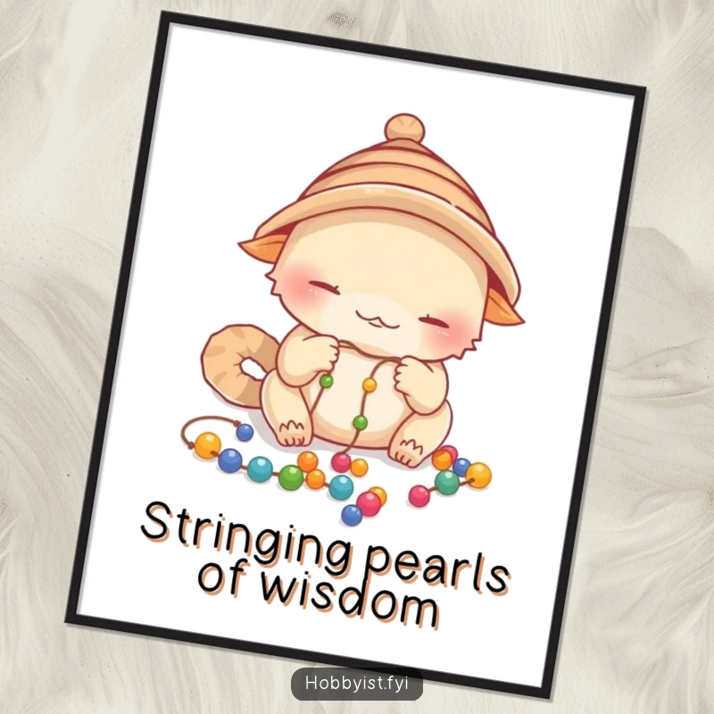 Funny Free Printable Wall Art: Creature with a small hat intently stringing colorful beads onto a delicate thread.