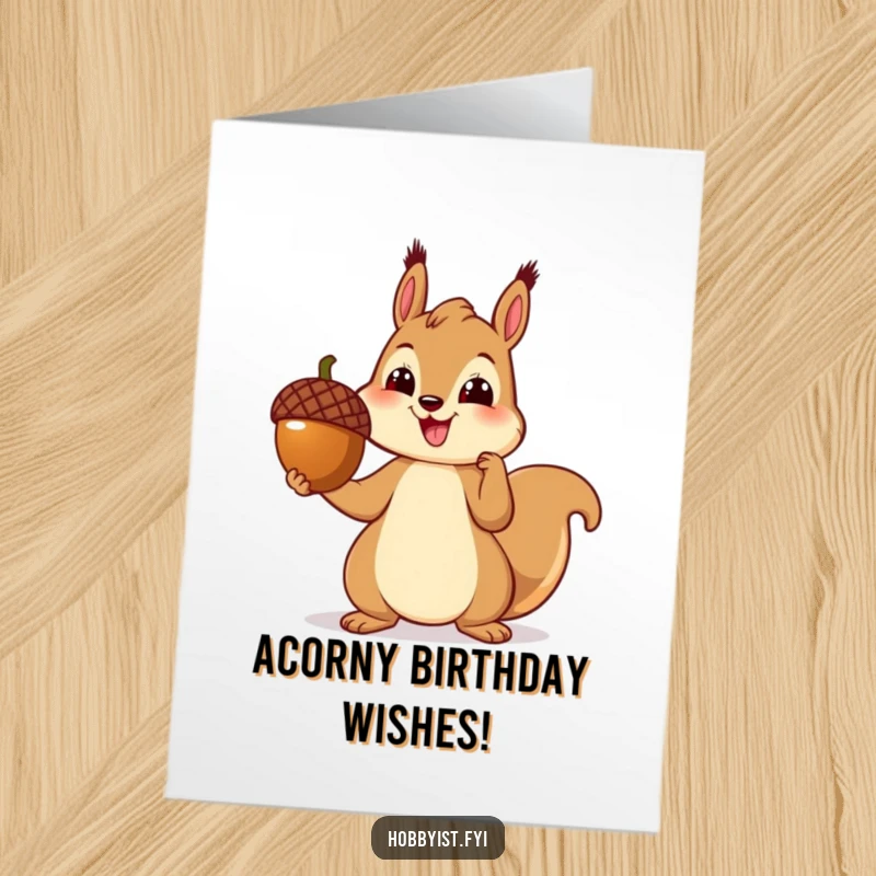 Funny Free Printable Birthday Card: Cheerful squirrel proudly presenting a tiny acorn sculpture, celebrating a birthday with artistic flair.