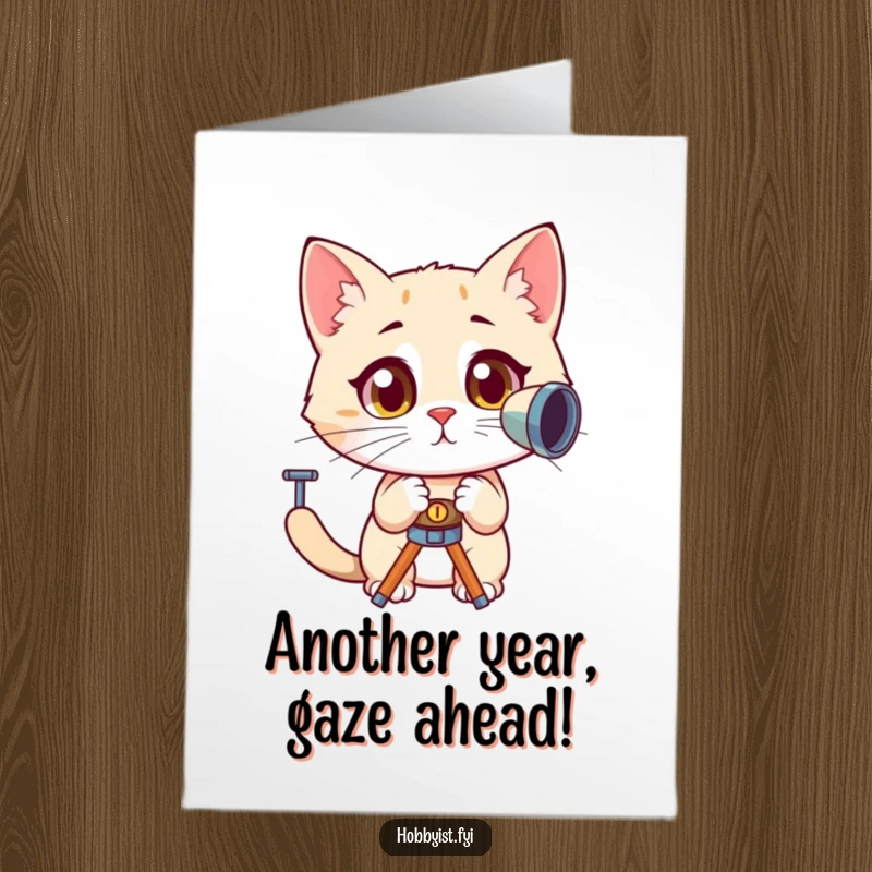 Funny Free Printable Birthday Card: A curious cat peers through a telescope, its wide eyes expressing pure amazement at the cosmos.