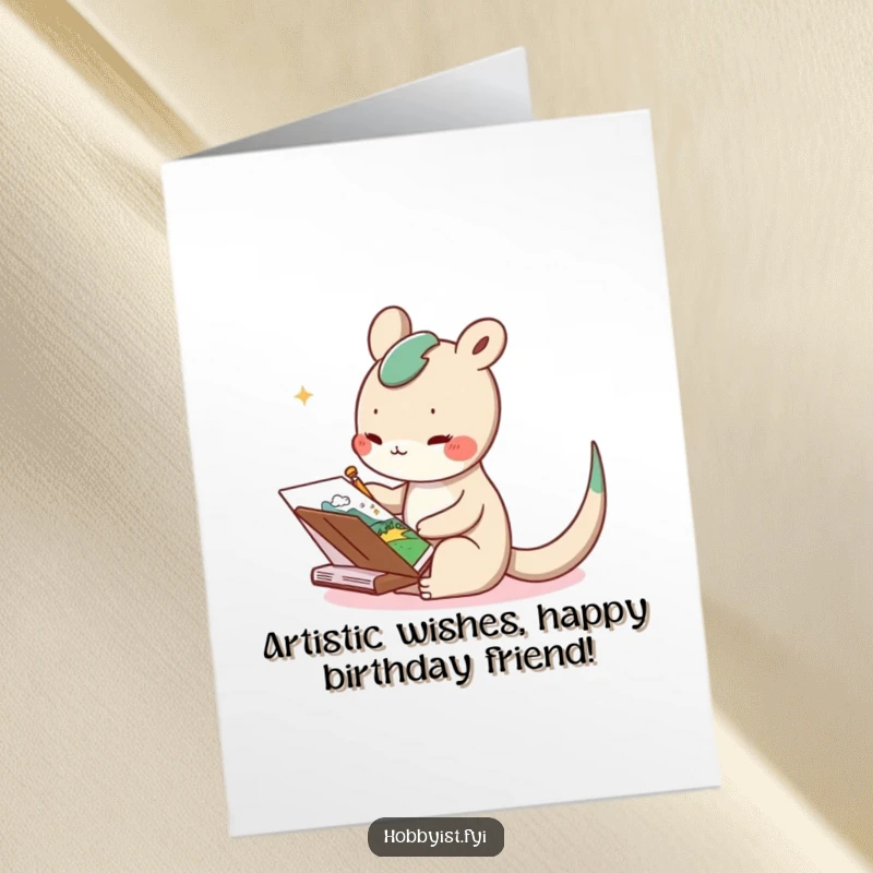 Funny Free Printable Birthday Card of a delighted creature with a long tail happily sketching a whimsical landscape in a notebook.
