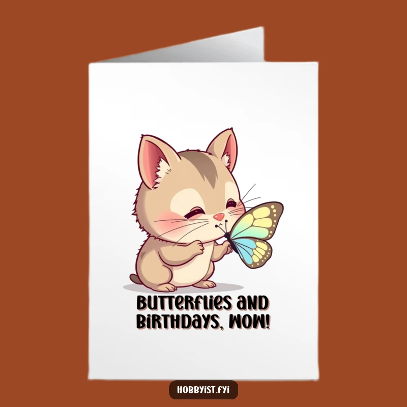 Free Printable Funny Birthday Card: Curious Creature & Butterfly Wing - Unique Downloadable