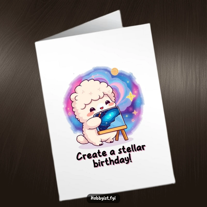Funny Free Printable Birthday Card of a fluffy creature happily painting a vibrant, swirling galaxy on a small canvas, celebrating cosmic joy.