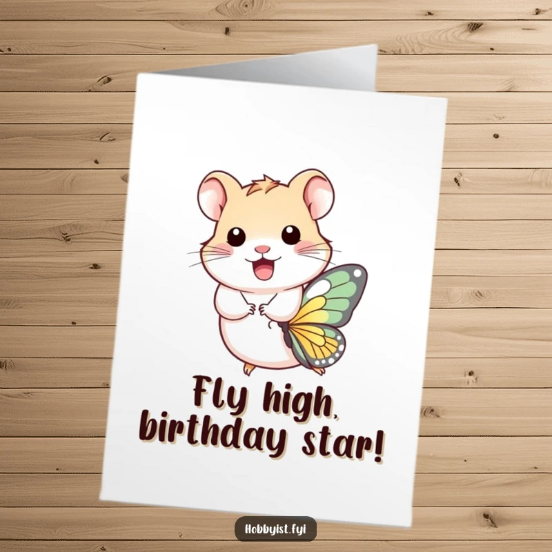 Funny Free Printable Birthday Card: Adorable hamster soaring on a butterfly, bringing pure joy and laughter.