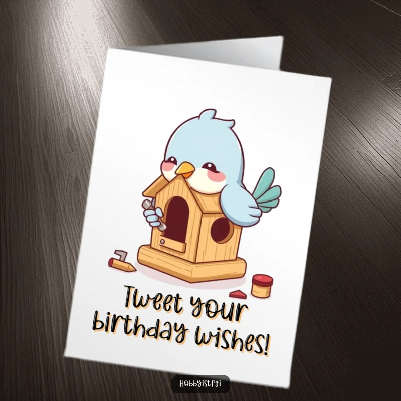 Funny Free Printable Birthday Card: A playful bird enthusiastically builds a miniature birdhouse using tiny tools with a smile.