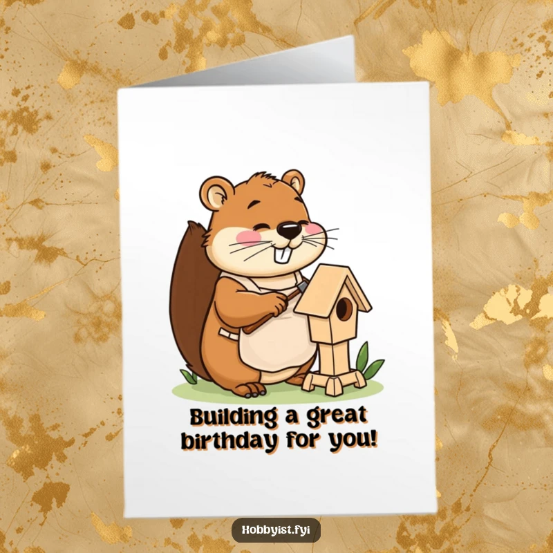 Funny Free Printable Birthday Card: Busy Beaver in Apron Happily Hammering a Miniature Birdhouse