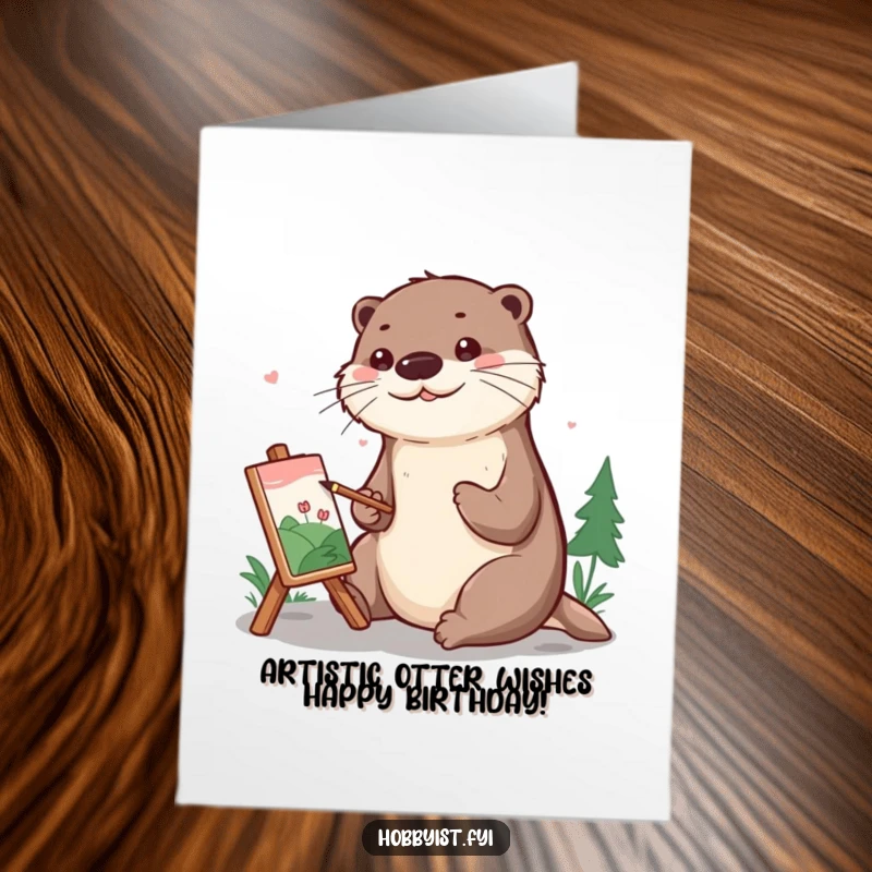 Funny Free Printable Birthday Card: A happy otter artist painting a tiny landscape with a paintbrush, spreading joy.