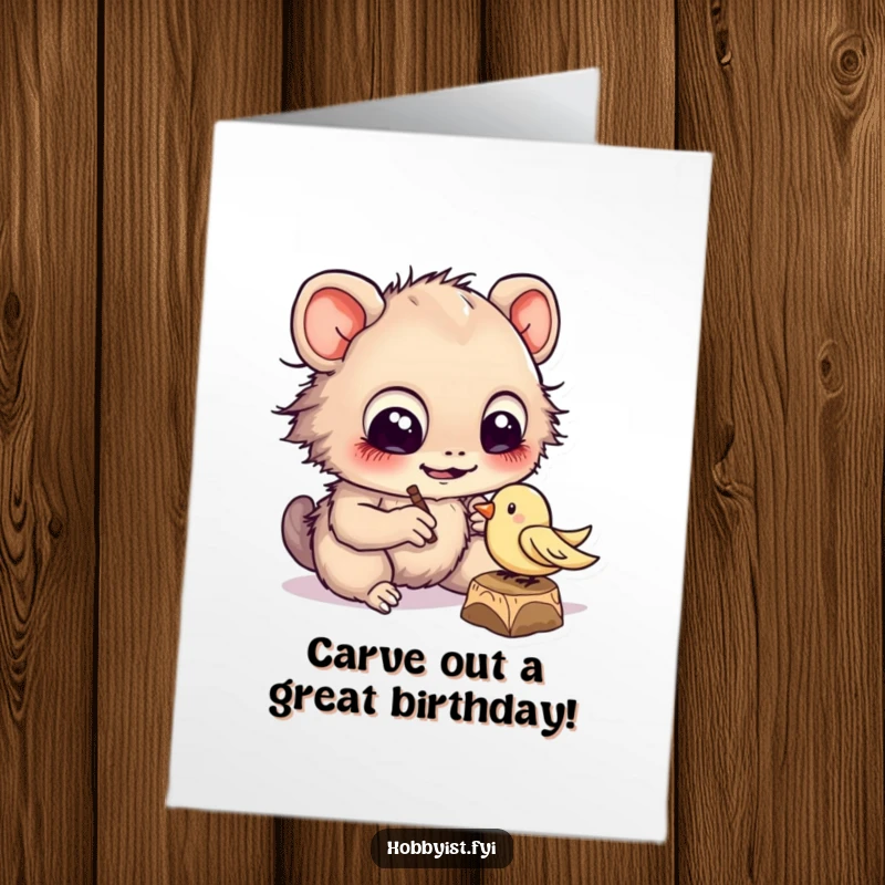 Funny Free Printable Birthday Card of a cheerful creature with huge eyes carving a tiny wooden bird, crafting birthday wishes.