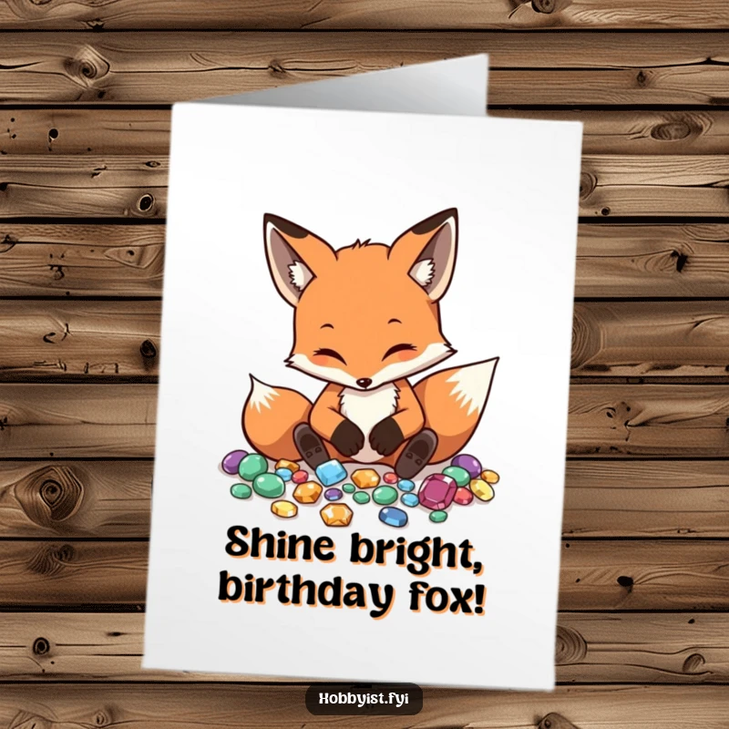 Funny Free Printable Birthday Card: A diligent fox carefully arranges shiny gemstones, celebrating a birthday. Downloadable art.