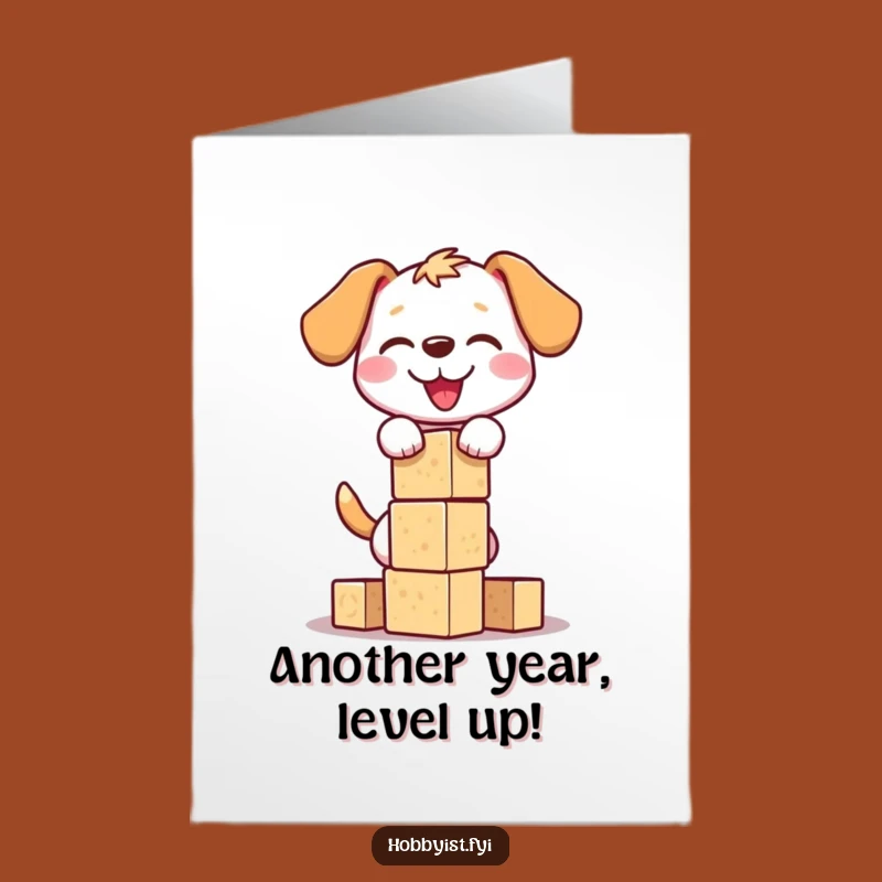 Free Printable Birthday Card: Funny Dog, Block Tower, Joyful DIY Download