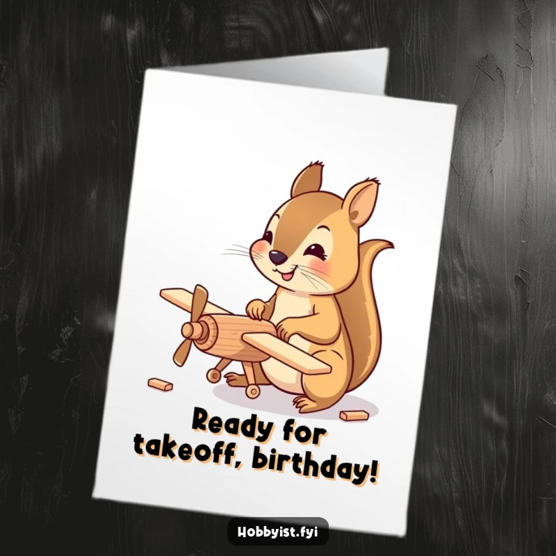 Funny Free Printable Birthday Card: A happy squirrel meticulously assembling a small wooden model airplane, wearing tiny pilot goggles.
