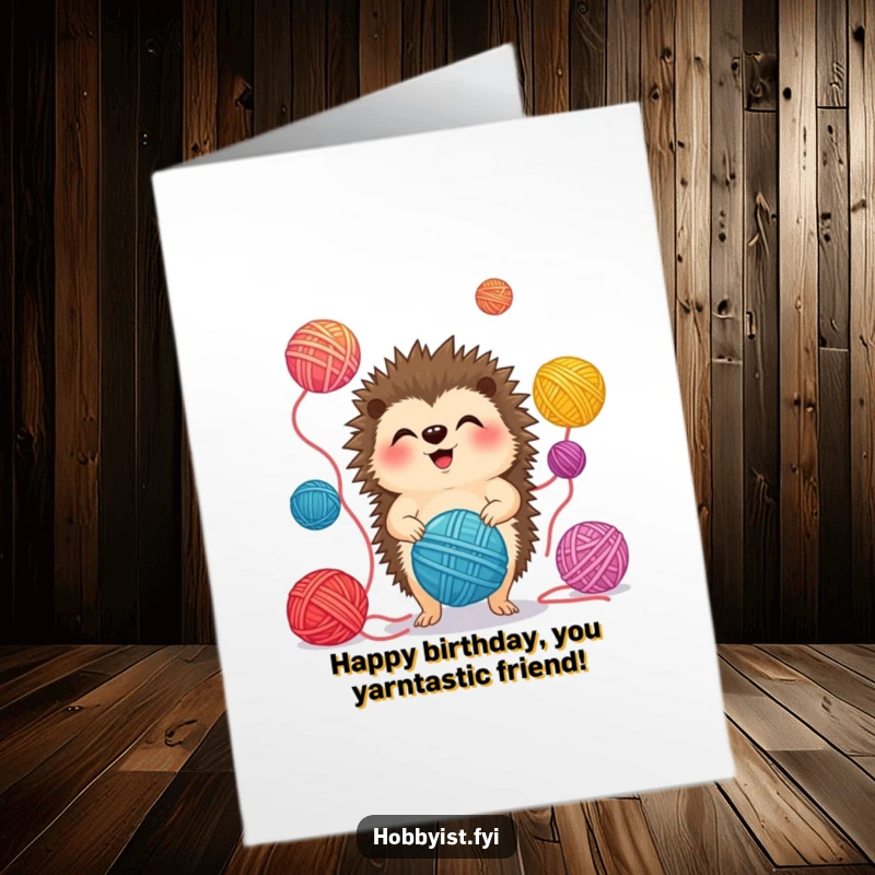Funny Free Printable Birthday Card: A delighted hedgehog giggling while juggling several colorful balls of yarn.