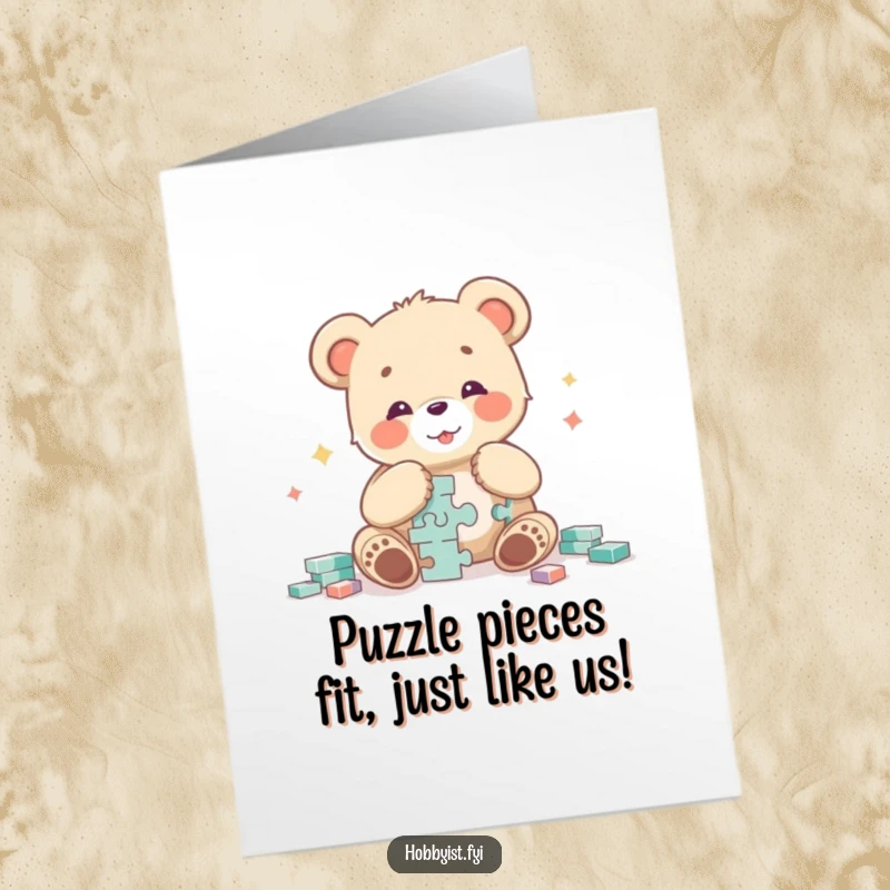 Funny Free Printable Birthday Card: Curious bear cub gleefully assembling a giant, complex puzzle with bright, happy colors.