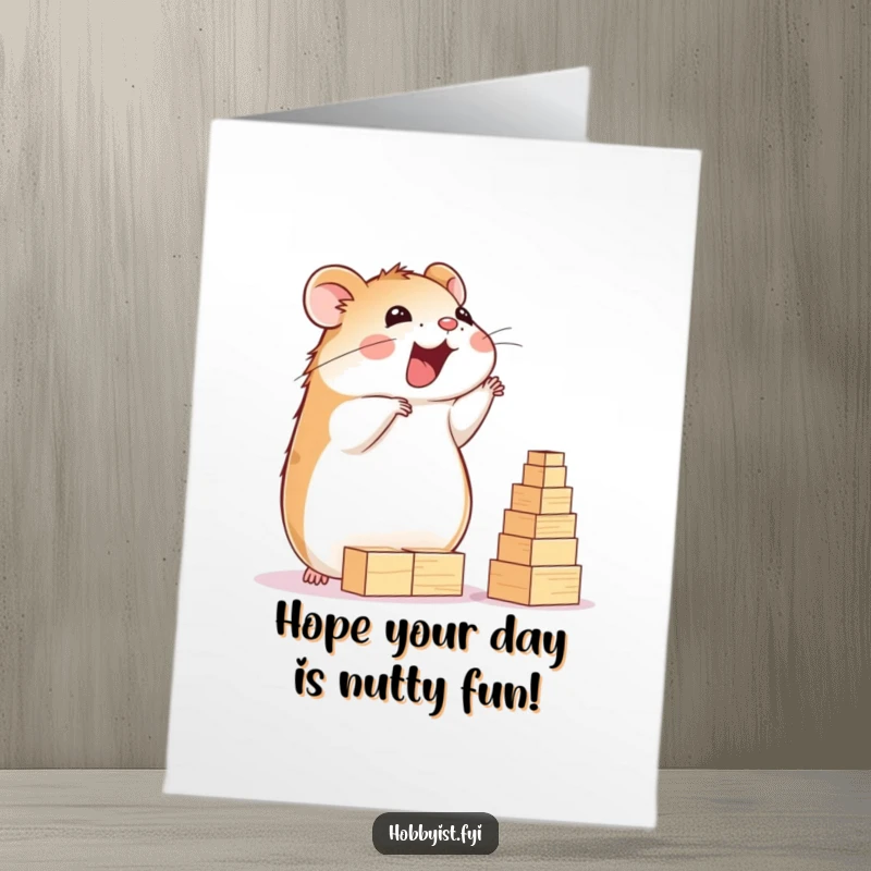 Funny Free Printable Birthday Card: Delighted hamster happily building a tall tower of tiny wooden blocks, celebrating with playful construction.