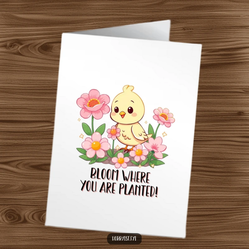 Funny Free Printable Birthday Card: A happy bird tending a garden of huge, sparkling flowers, celebrating joy and nature.