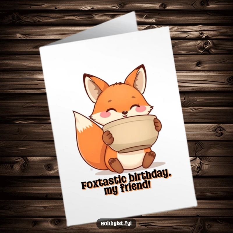 Funny Free Printable Birthday Card: Happy fox beaming while holding a handcrafted ceramic pot, proud artist, birthday joy.