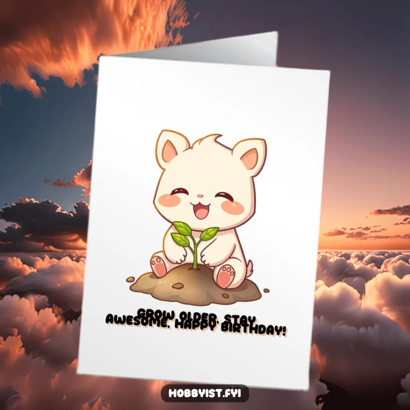 Funny Free Printable Birthday Card: a joyful creature with small paws planting a tiny, glowing sapling, symbolizing growth and happiness.
