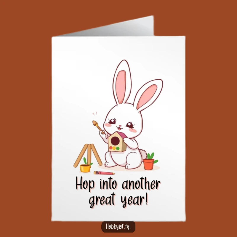 Free Printable Birthday Card: Kawaii Bunny Paints a Birdhouse, Funny Downloadable Gift